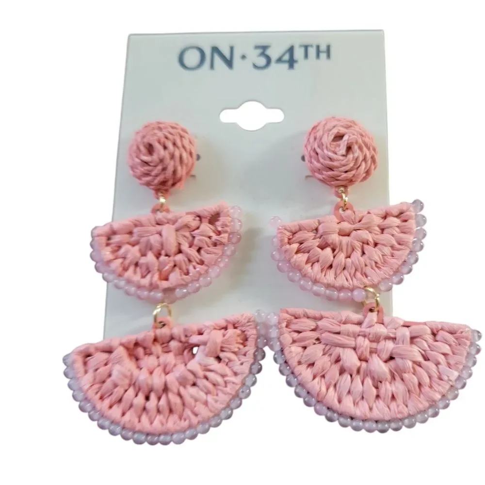 On 34th Gold-Tone Stone Bead & Woven Raffia Drop Earrings - NWT